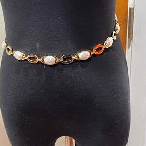 Vintage St. John Gold Tone and Faux Pearl Inlay Link Chain Belt